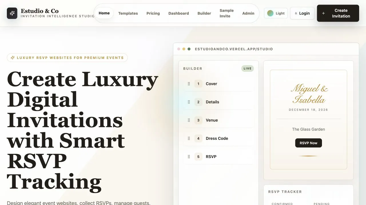 Estudio & Co homepage: Create luxury digital invitations with smart RSVP tracking, next to the invitation builder steps.