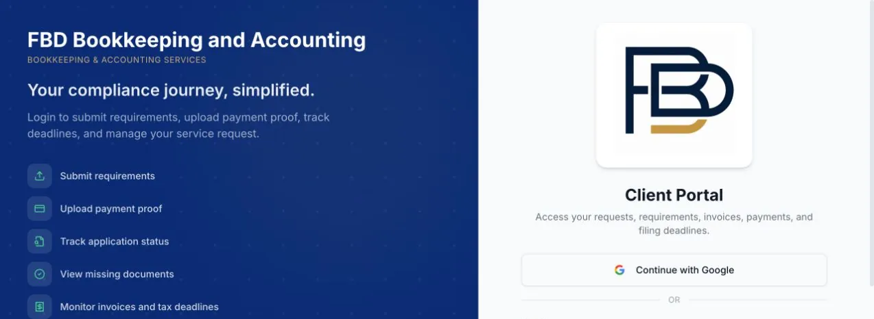 FBD Bookkeeping client portal sign-in screen listing what clients can do online: submit requirements, upload payment proof, track status, view missing documents and monitor deadlines.